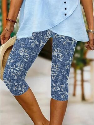 Vintage High Elasticity Floral Mid Waist Calf-Length Capri Leggings - Image 10