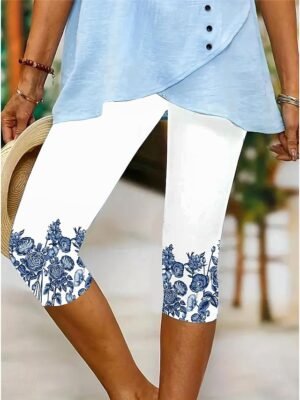Vintage High Elasticity Floral Mid Waist Calf-Length Capri Leggings - Image 11