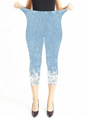 Vintage High Elasticity Floral Mid Waist Calf-Length Capri Leggings - Image 15