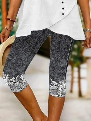 Vintage High Elasticity Floral Mid Waist Calf-Length Capri Leggings - Image 16