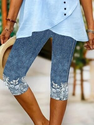 Vintage High Elasticity Floral Mid Waist Calf-Length Capri Leggings - Image 17