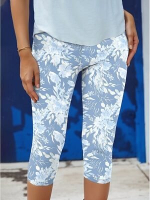 Vintage High Elasticity Floral Mid Waist Calf-Length Capri Leggings - Image 19