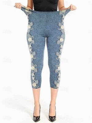 Vintage High Elasticity Floral Mid Waist Calf-Length Capri Leggings - Image 2