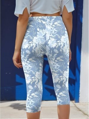 Vintage High Elasticity Floral Mid Waist Calf-Length Capri Leggings - Image 20