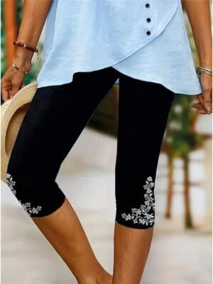 Vintage High Elasticity Floral Mid Waist Calf-Length Capri Leggings - Image 4