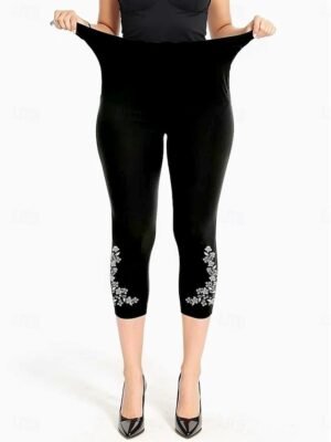 Vintage High Elasticity Floral Mid Waist Calf-Length Capri Leggings - Image 6