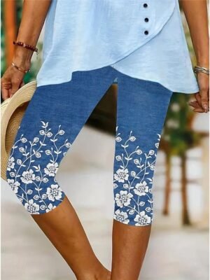 Vintage High Elasticity Floral Mid Waist Calf-Length Capri Leggings - Image 7