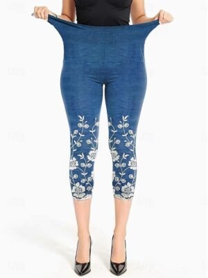 Vintage High Elasticity Floral Mid Waist Calf-Length Capri Leggings - Image 9