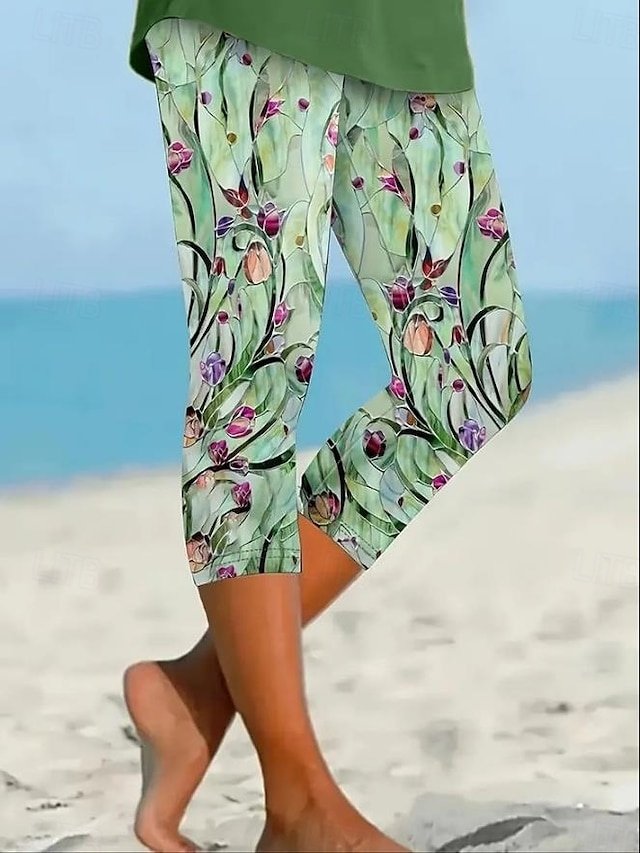 Vintage High Waist Floral Capri Leggings - Image 2