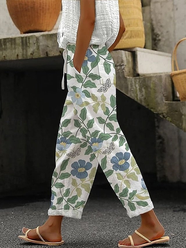 Vintage High Waist Floral Graphic Ankle-Length Chinos - Image 1