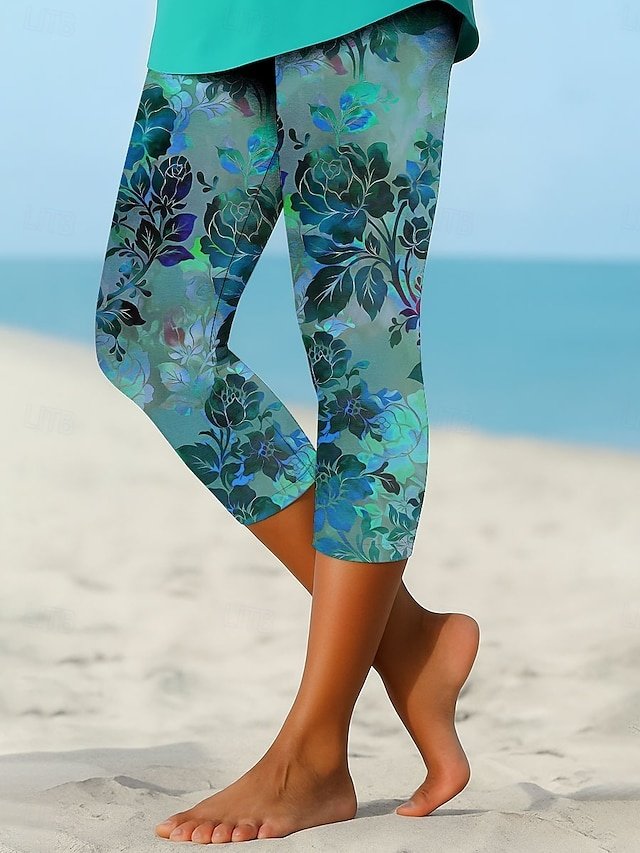 Vintage High Waist Floral Graphic Elastic Calf-Length Leggings - Image 1