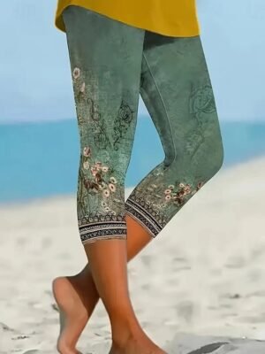 Vintage High Waist Floral Graphic Elastic Calf-Length Leggings - Image 10