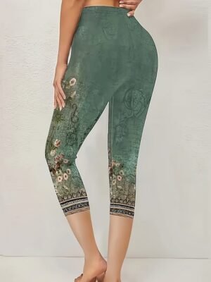 Vintage High Waist Floral Graphic Elastic Calf-Length Leggings - Image 11