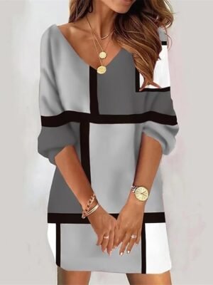 Vintage Loose Fit Geometric V Neck 3/4 Sleeve Mini Dress - Image 2