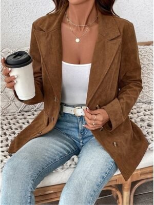 Vintage Loose Fit Solid Button Long Sleeve Corduroy Jacket - Image 4