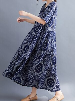 Vintage Loose Fit Tribal Crew Neck Half Sleeve Maxi Dress - Image 2