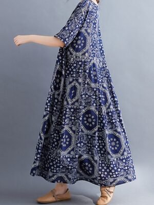 Vintage Loose Fit Tribal Crew Neck Half Sleeve Maxi Dress - Image 3