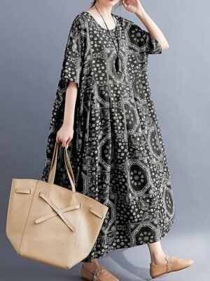 Vintage Loose Fit Tribal Crew Neck Half Sleeve Maxi Dress - Image 6