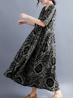 Vintage Loose Fit Tribal Crew Neck Half Sleeve Maxi Dress - Image 7