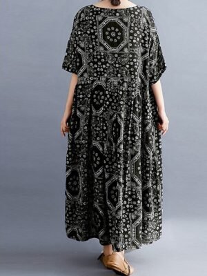 Vintage Loose Fit Tribal Crew Neck Half Sleeve Maxi Dress - Image 8
