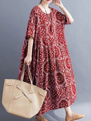 Vintage Loose Fit Tribal Crew Neck Half Sleeve Maxi Dress - Image 9