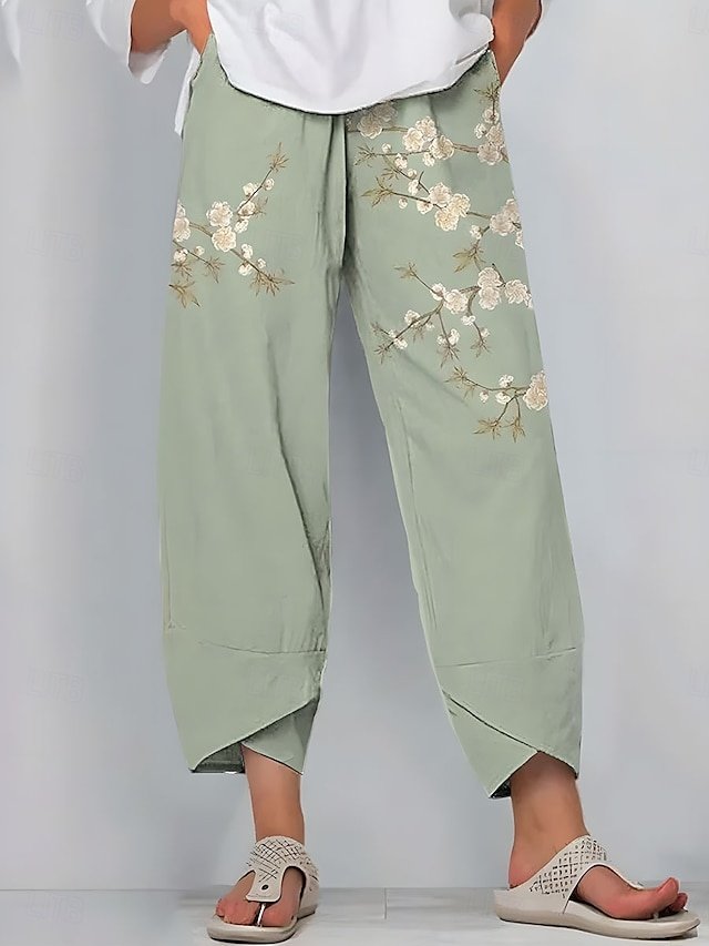 Vintage Loose Floral Drawstring Ankle-Length Chinos - Image 1