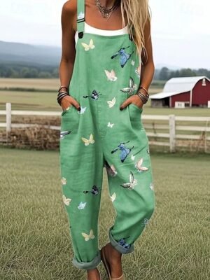 Vintage Loose Floral Graphic High Waist Full Length Overalls - Image 11