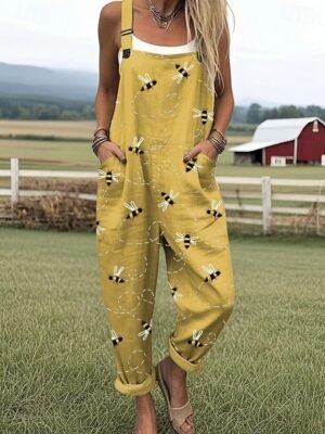 Vintage Loose Floral Graphic High Waist Full Length Overalls - Image 12