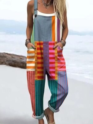 Vintage Loose Floral Graphic High Waist Full Length Overalls - Image 3