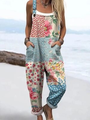 Vintage Loose Floral Graphic High Waist Full Length Overalls - Image 4