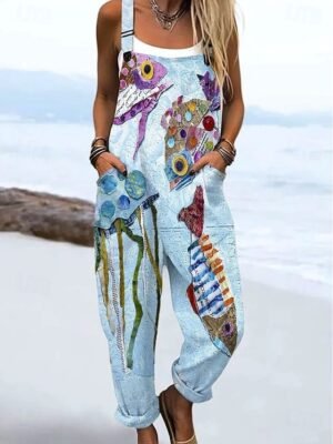 Vintage Loose Floral Graphic High Waist Full Length Overalls - Image 5