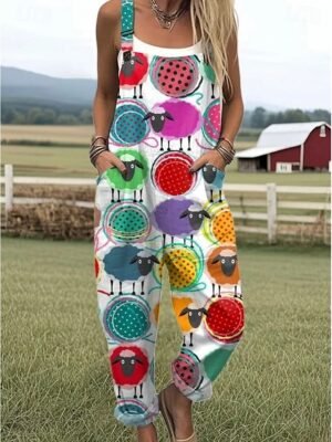 Vintage Loose Floral Graphic High Waist Full Length Overalls - Image 6