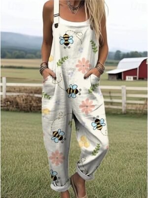 Vintage Loose Floral Graphic High Waist Full Length Overalls - Image 8