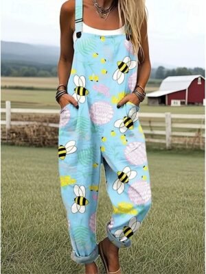 Vintage Loose Floral Graphic High Waist Full Length Overalls - Image 9