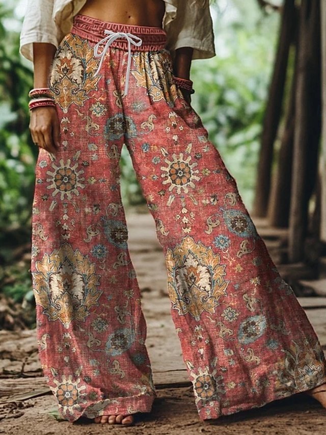 Vintage Loose Floral High Waist Full Length Wide Leg Chinos - Image 1