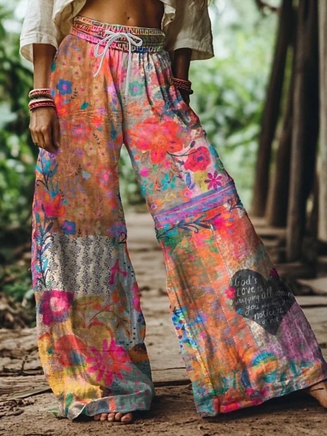 Vintage Loose Floral High Waist Full Length Wide Leg Chinos - Image 2