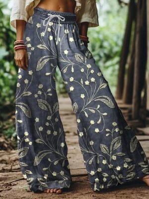Vintage Loose Floral High Waist Full Length Wide Leg Chinos - Image 3