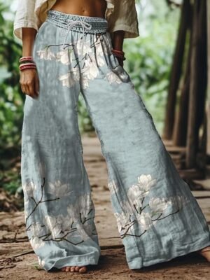 Vintage Loose Floral High Waist Full Length Wide Leg Chinos - Image 4