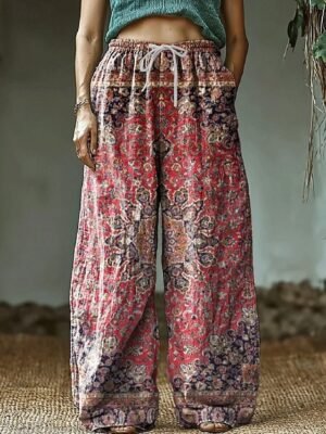 Vintage Loose Floral High Waist Full Length Wide Leg Chinos - Image 5