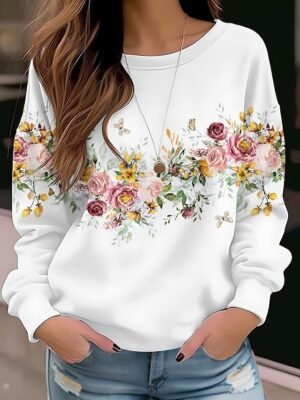 Vintage Loose Floral Round Neck Long Sleeve Sweatshirt - Image 1