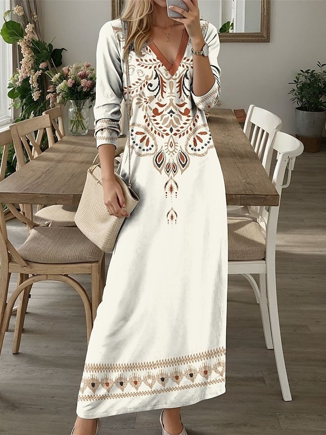 Vintage Loose Floral Tribal V Neck Long Sleeve Maxi Dress - Image 1