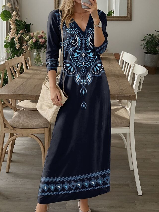 Vintage Loose Floral Tribal V Neck Long Sleeve Maxi Dress - Image 2