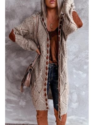 Vintage Loose Geometric Hooded Lace-Up Long Sleeve Knit Cardigan - Image 1