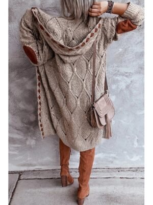 Vintage Loose Geometric Hooded Lace-Up Long Sleeve Knit Cardigan - Image 2