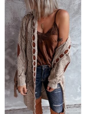 Vintage Loose Geometric Hooded Lace-Up Long Sleeve Knit Cardigan - Image 3