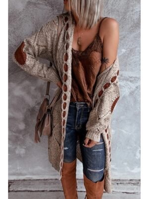 Vintage Loose Geometric Hooded Lace-Up Long Sleeve Knit Cardigan - Image 4