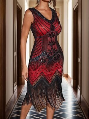 Vintage Loose Geometric V Neck Sleeveless Midi Dress - Image 3