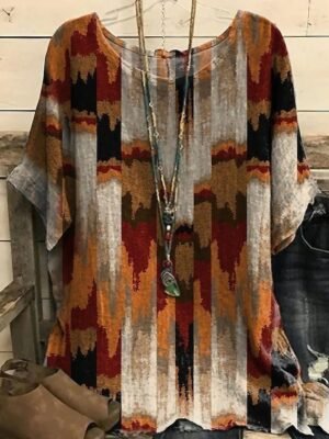 Vintage Loose Graphic Crew Neck Short Sleeve Dolman Blouse - Image 1