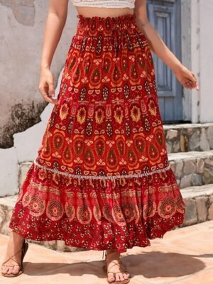 Vintage Loose Graphic Maxi Pleated Skirt - Image 8