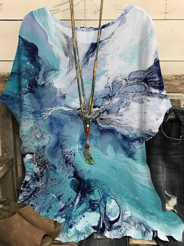 Vintage Loose Print Crew Neck Dolman Half Sleeve Regular Blouse - Image 2